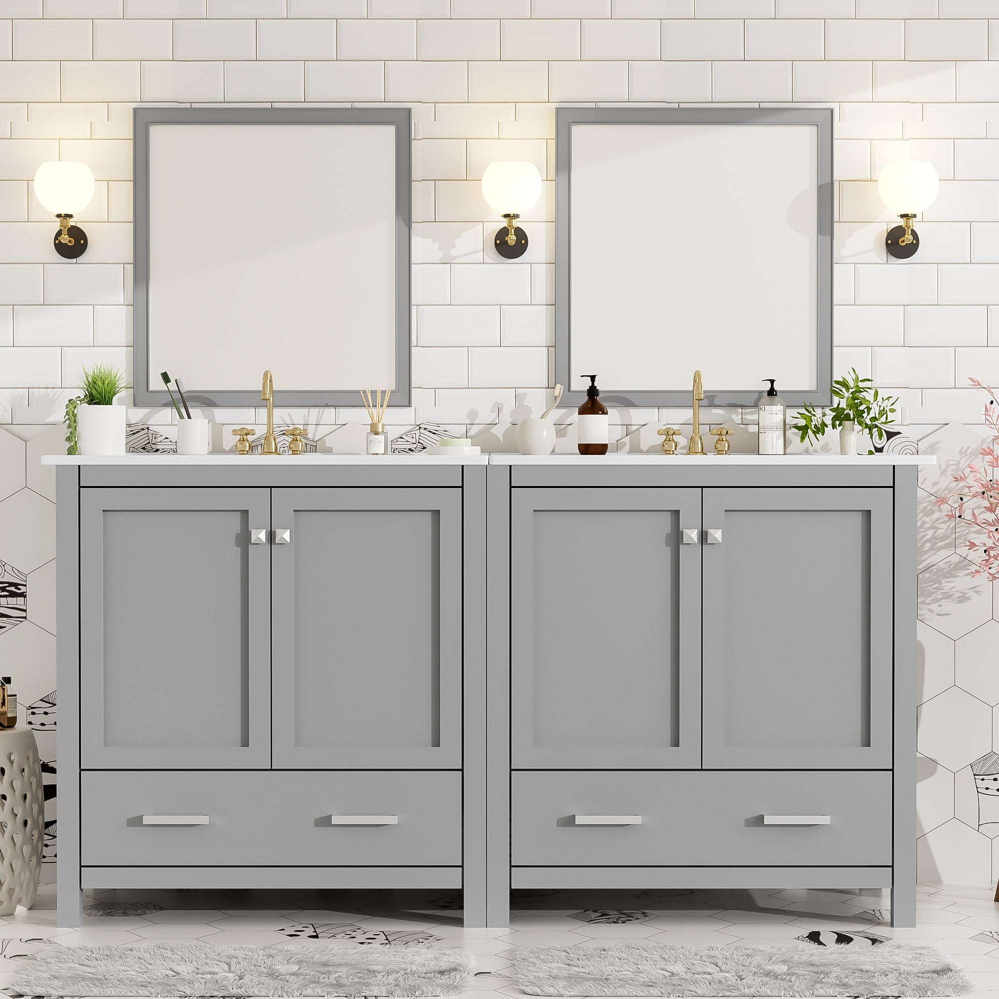 60  Grey Bathroom Vanity Set With Double Vanities  Separate , Double Ceramic Sin