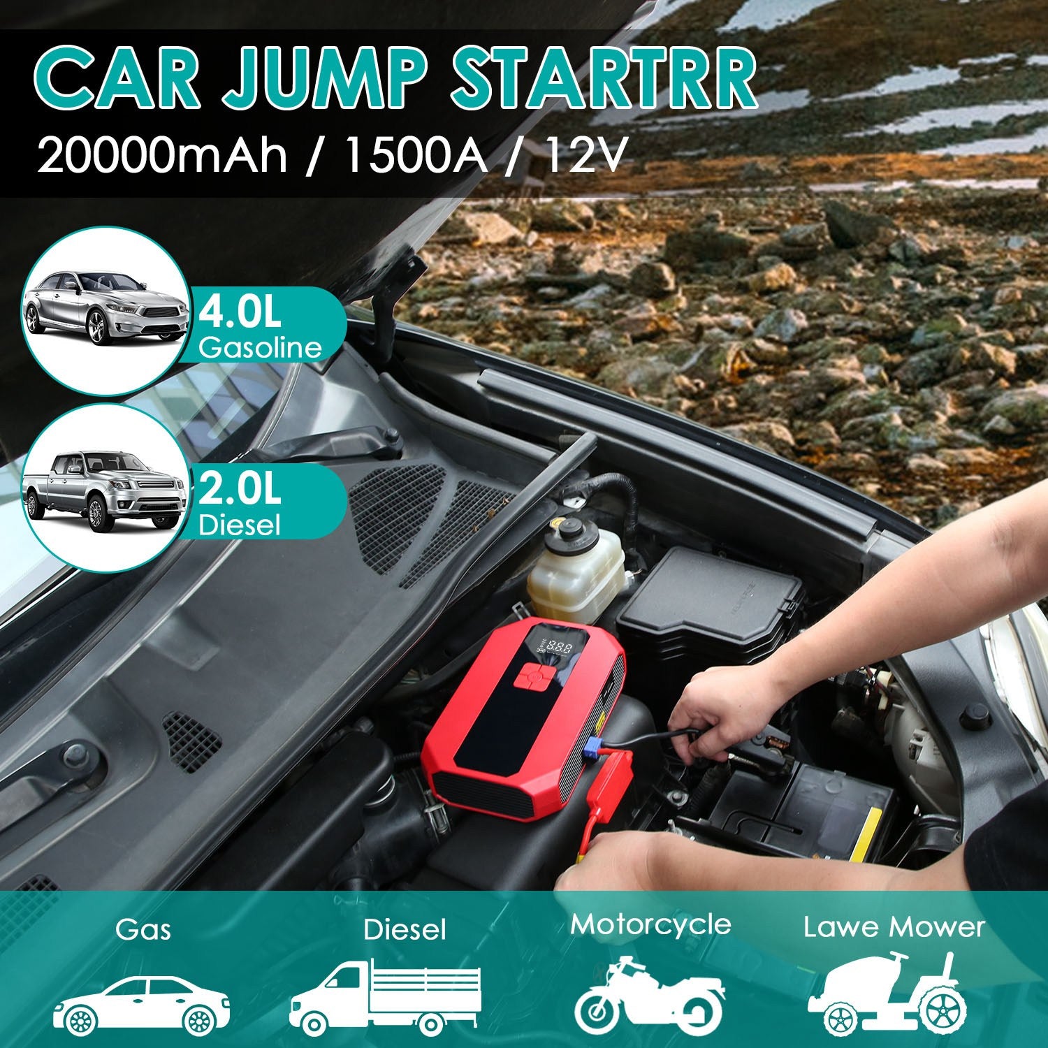 1Pc Portable Car Jump Starter Air Compressor 1500A 400PSI Car Battery Charger Ju