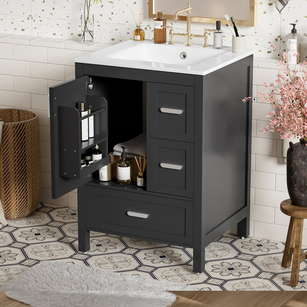 Modern 24-inch Bathroom Vanity With Ceramic Sink, Soft-Close Door, Double-Layer 