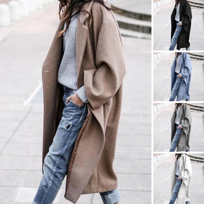Casual Long Jacket With Pockets Solid Color Single Breasted Lapel Wool (Viral) — MEGA MARKET