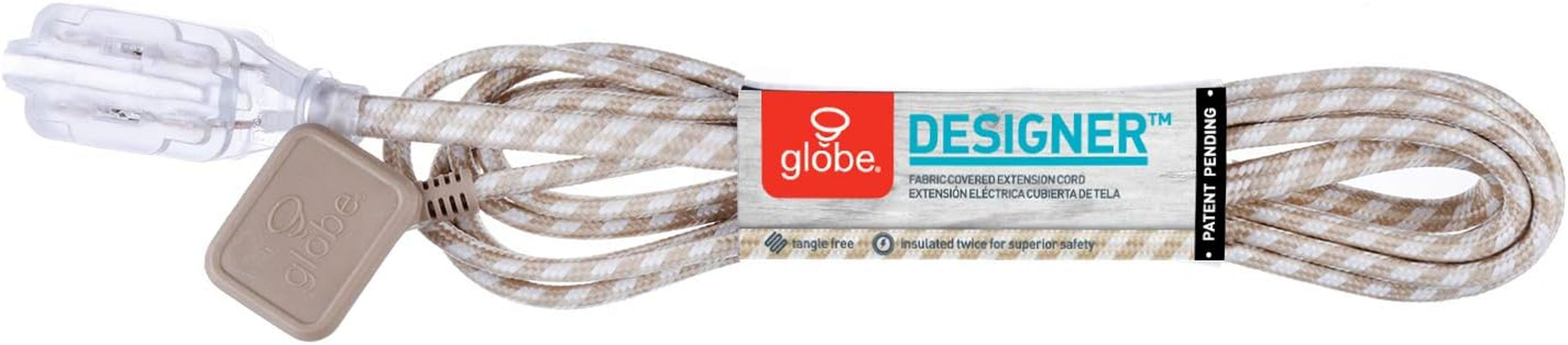 22836 Designer Series 9-Ft Fabric Extension Cord, 3 Polarized Outlets, Right Angle Plug, 125 Volts, Gold and White
