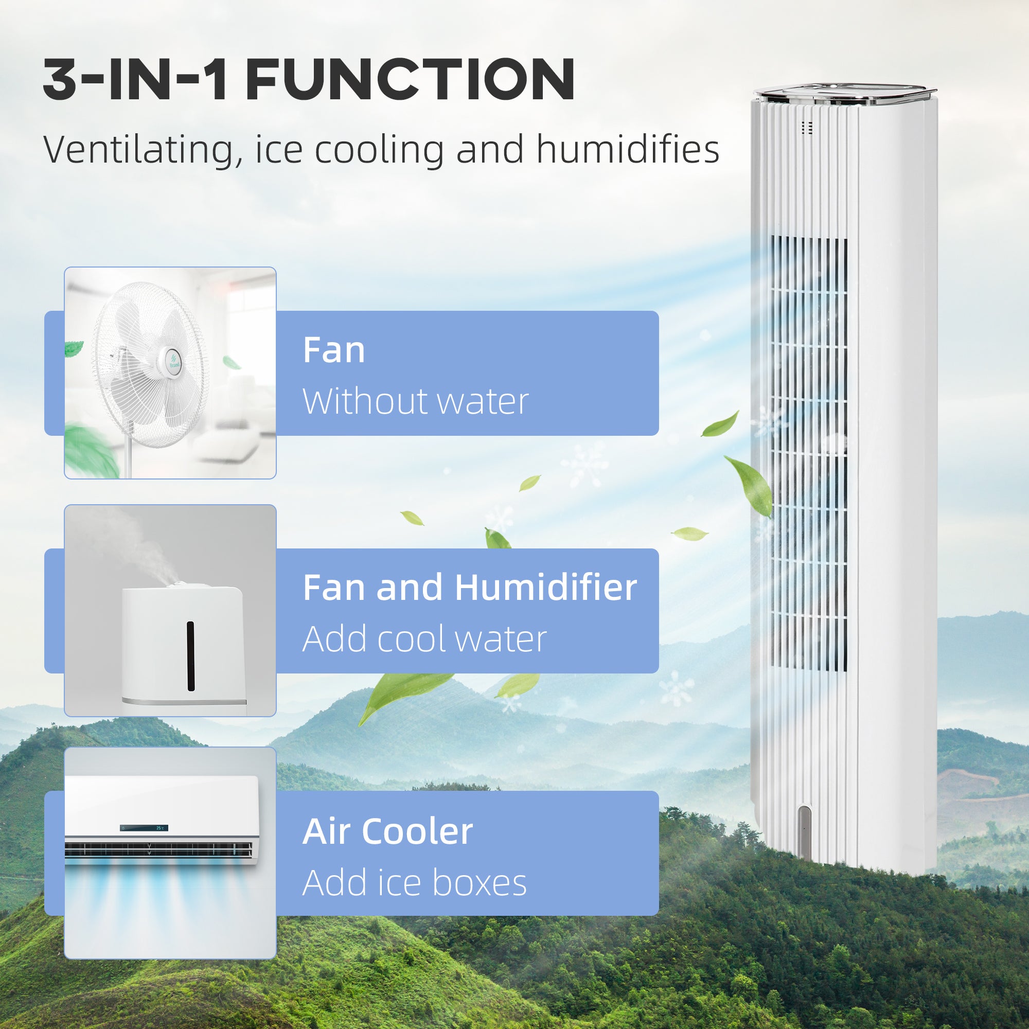 42" 3-In-1 Evaporative Air Cooler With Water Tank, Ice Cooling Fan With Humidifi