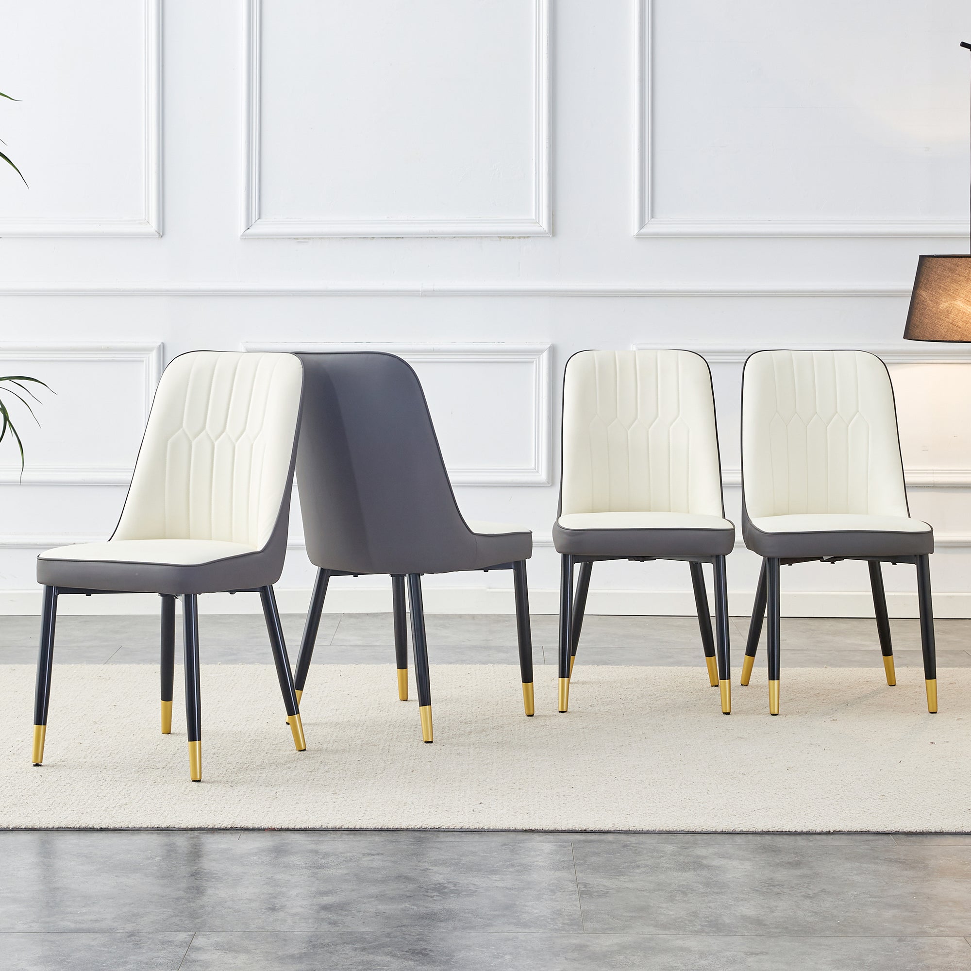 A Modern Dining Chair With A White Dark Gray Dual Tone PU Leather Backrest And B