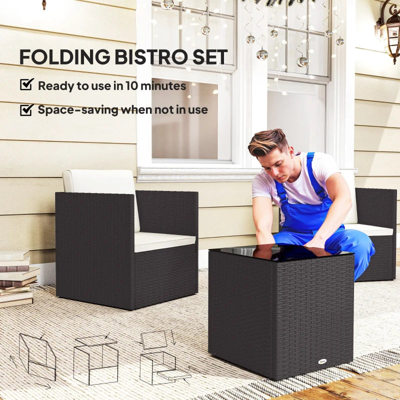 Folding Wicker Bistro Set, 3 Piece Patio Furniture Set With Cushions And Glass C