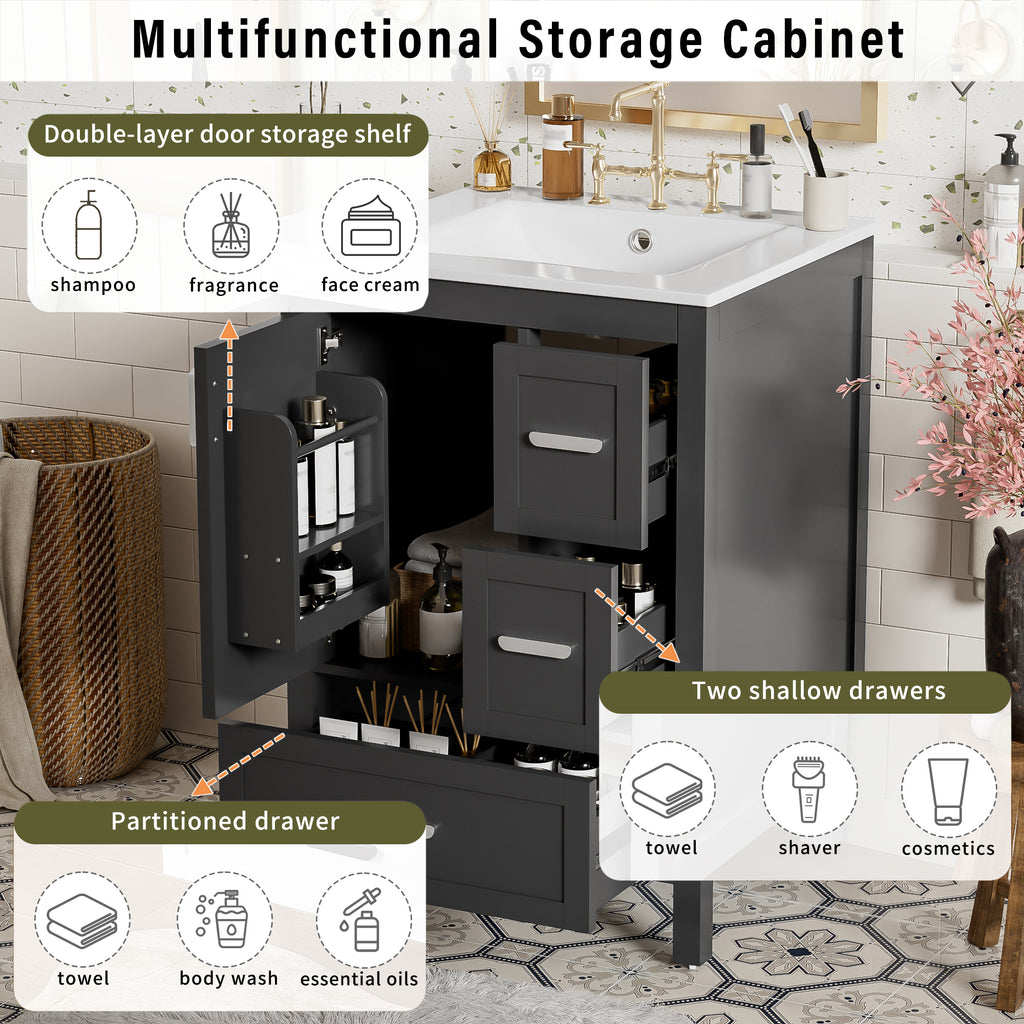 Modern 24-inch Bathroom Vanity With Ceramic Sink, Soft-Close Door, Double-Layer 