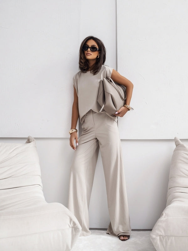 2026 NEW Women  2 Piece Casual Set Short Sleeve T-Shirt Vest Loose Wide Leg Pant