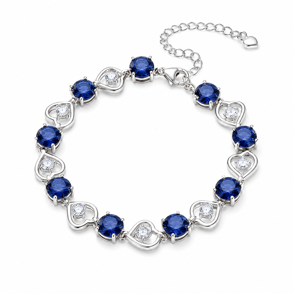 Heart Link Round Blue CZ Tennis Bracelet For Women, Copper Plated Silver With Ad