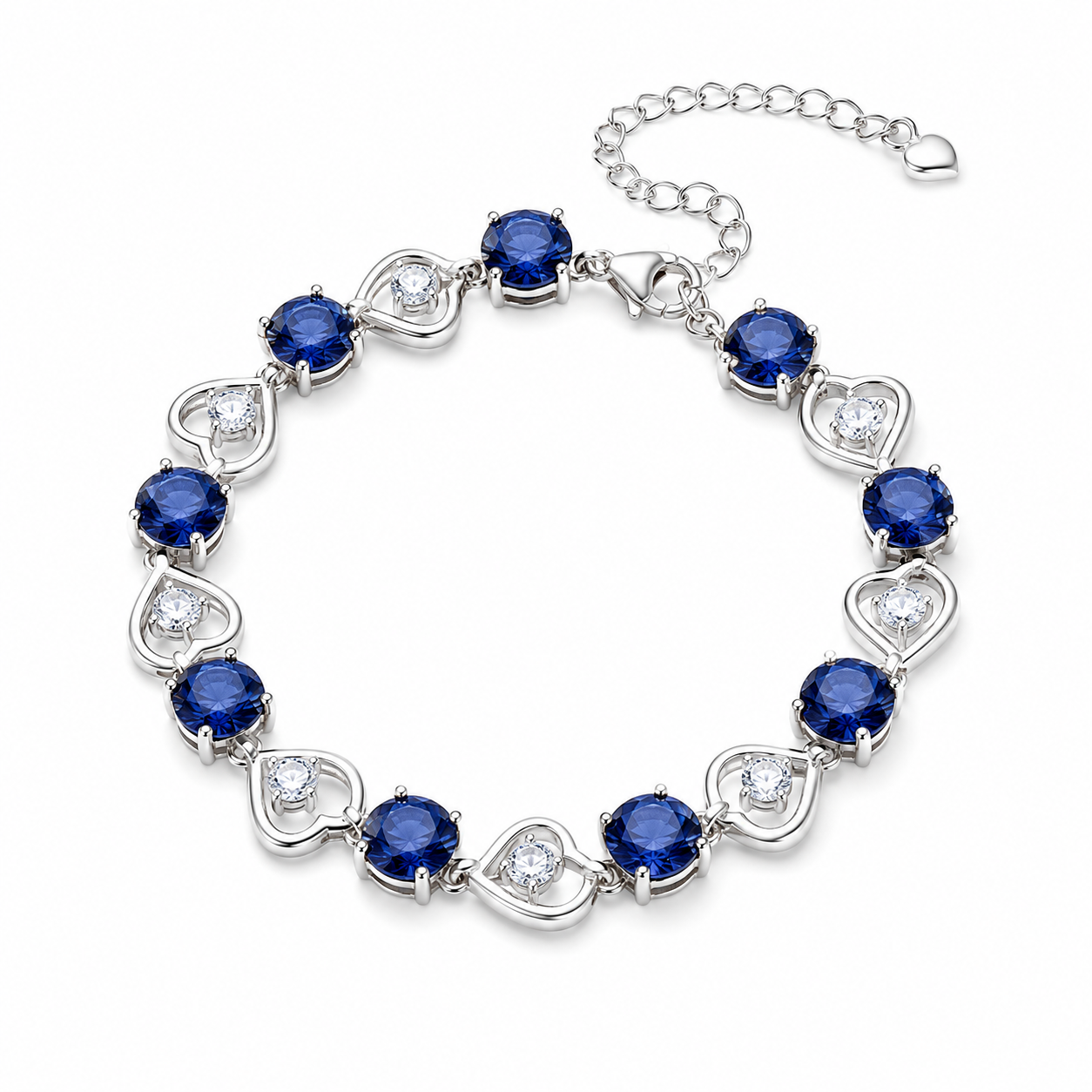 Heart Link Round Blue CZ Tennis Bracelet For Women, Copper Plated Silver With Ad