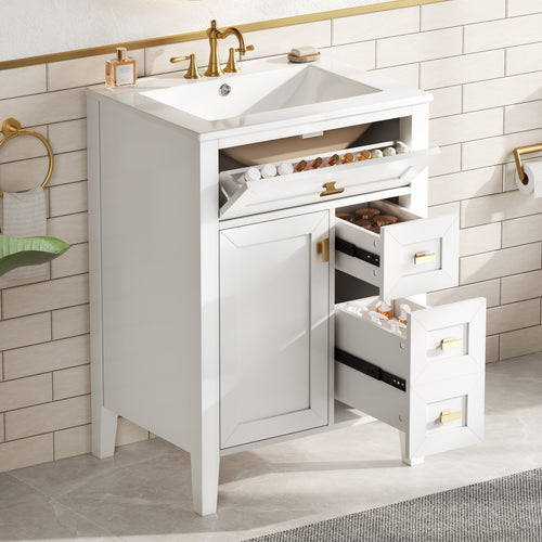 24'' White Bathroom Vanity With Sink, MDF & Rubberwood Construction, 3 Drawers &
