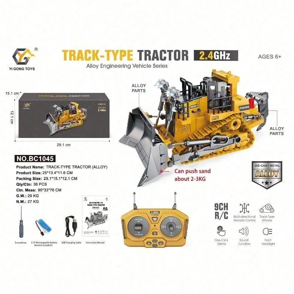 9 Channel 2.4GHz RC Heavy Duty Alloy Bulldozer With Metal Blade, Rechargeable Ba