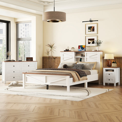 3-Pieces Bedroom Sets Queen Size  Farmhouse Platform Bed With Double Sliding Doo