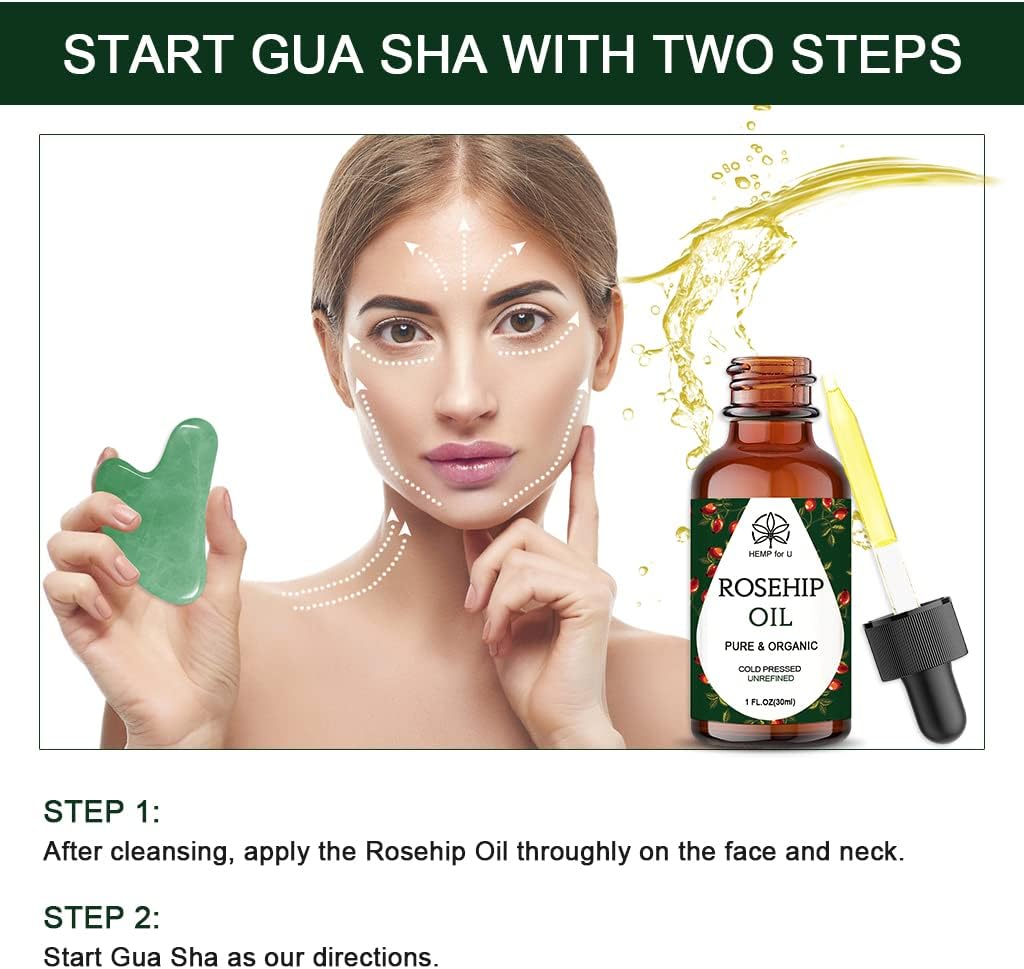 Gua Sha Massage Tools & Rosehip Oil In One Set, Nature Jade Stone Facial Gua Sha