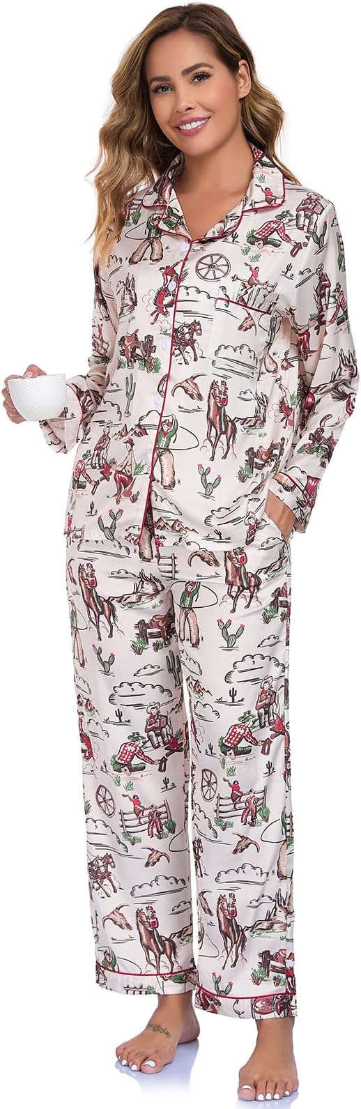 RONGTAI Womens Pajama Sets Button Down Long Sleeve Lapel Shirt With Pocket Match