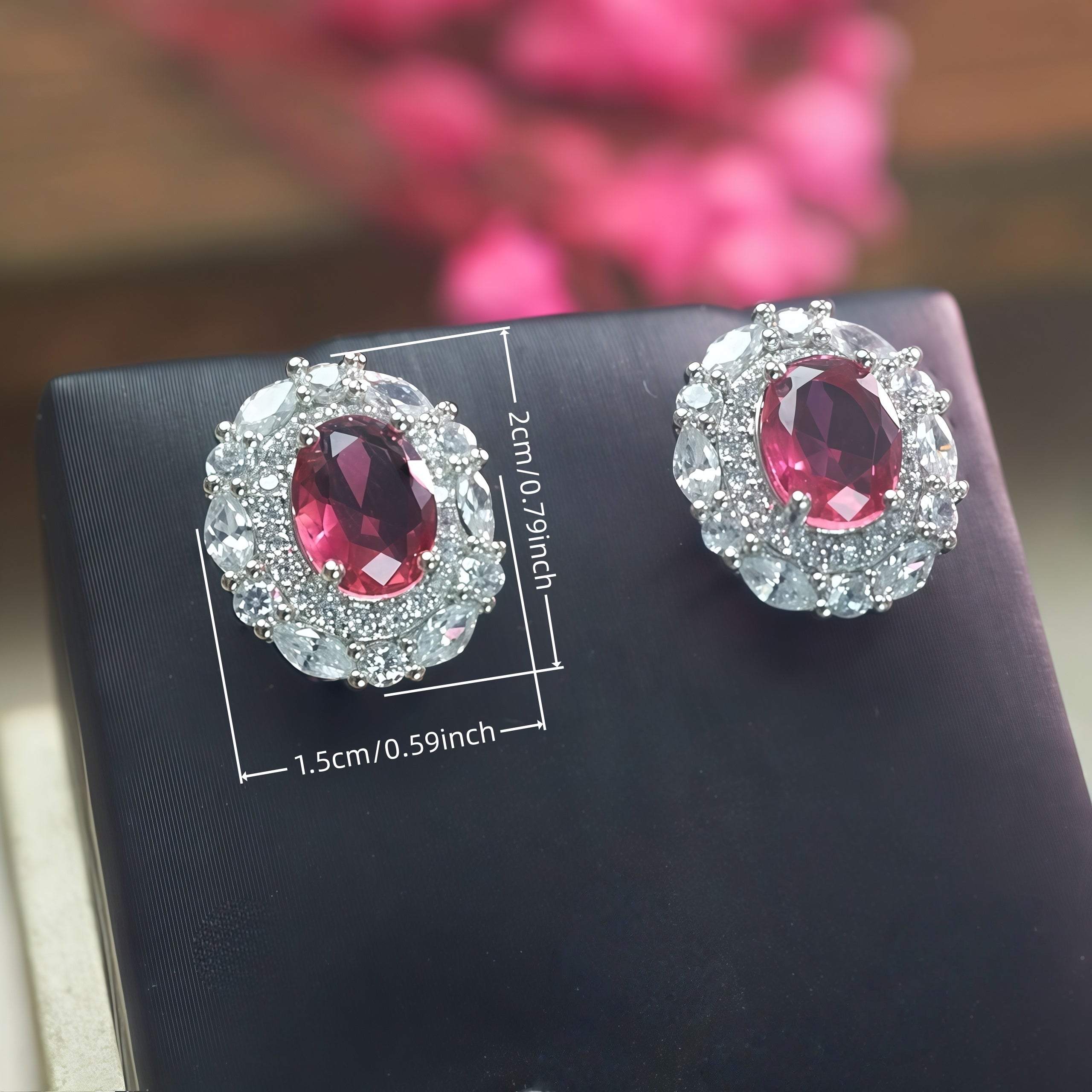 Oval Cut Hot  Ruby CZ Double Halo Stud Earrings For Women, Copper Silver Plated 