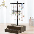 Jewelry Organizer Stand, 3-Tier Necklace Holder Jewelry Tree with Wooden Storage Drawer Box for Necklace Bracelet Earring Ring, Walnut
