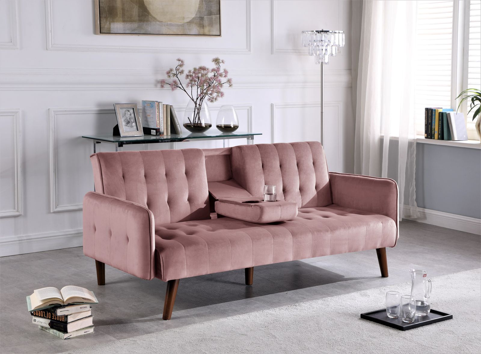 72   Sleeper Sofa Bed - Convertible Folding Backrest To Full Bed With Cup Holder