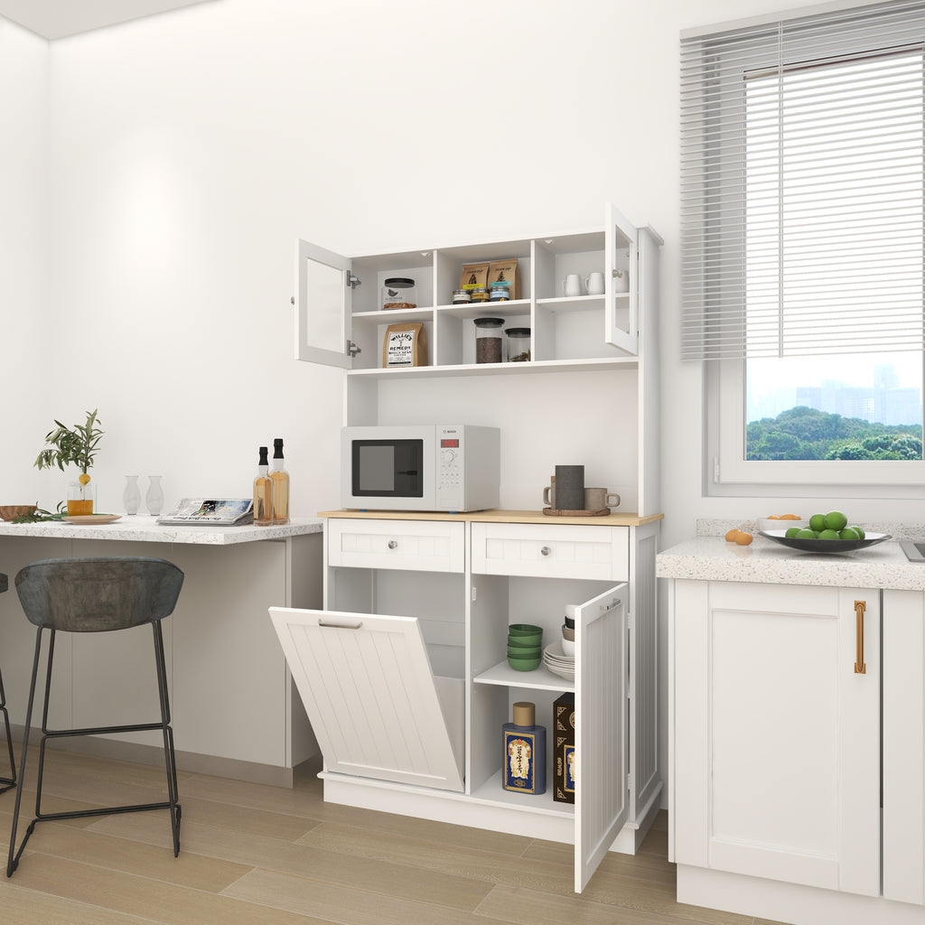 67.7  Tall Kitchen Trash Can Storage Cabinet With 3 Adjustable Shelves, 2 Drawer