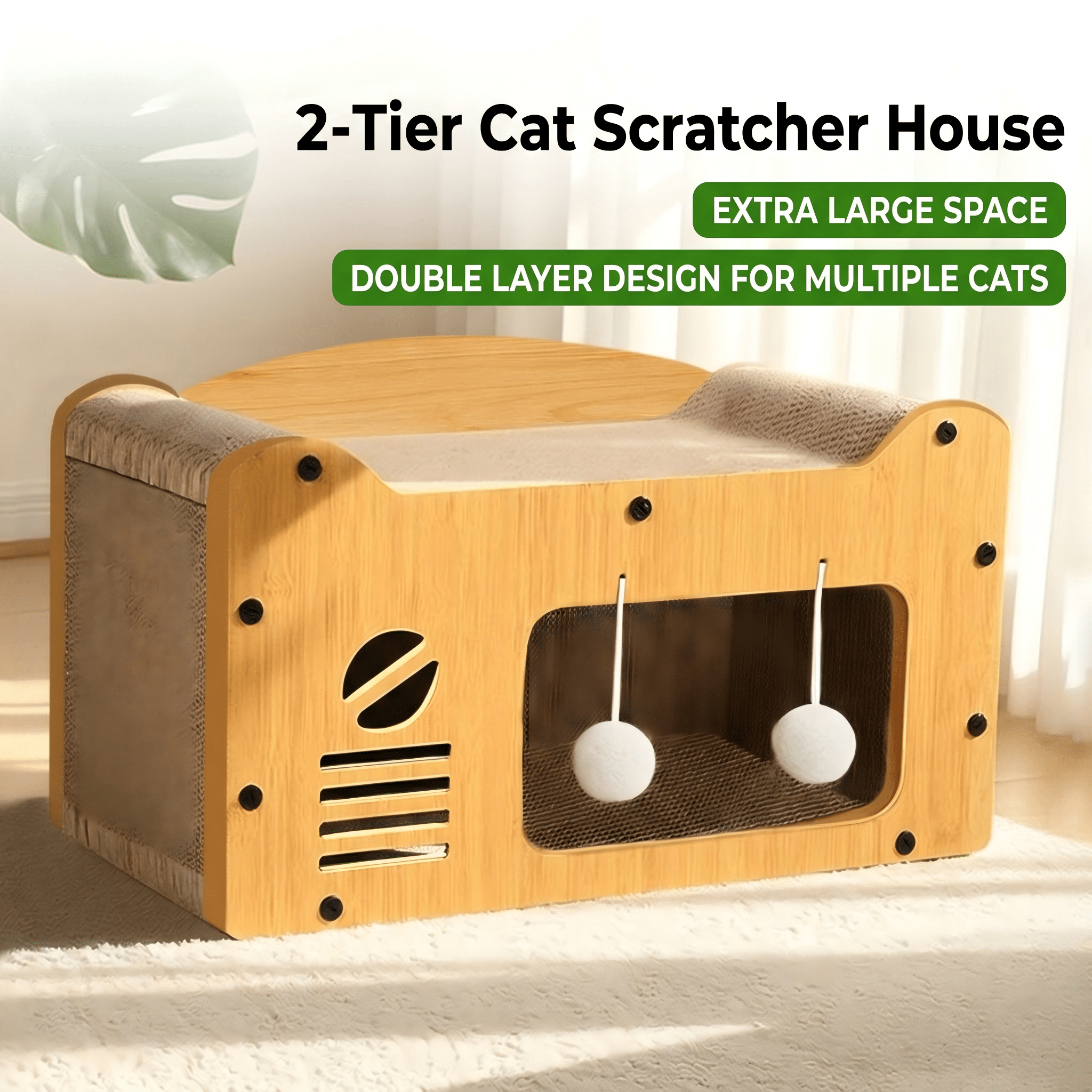 Multi-Style Double-Layer Cat Scratcher House, 2-Tier Large Cat Villa Bed With Co