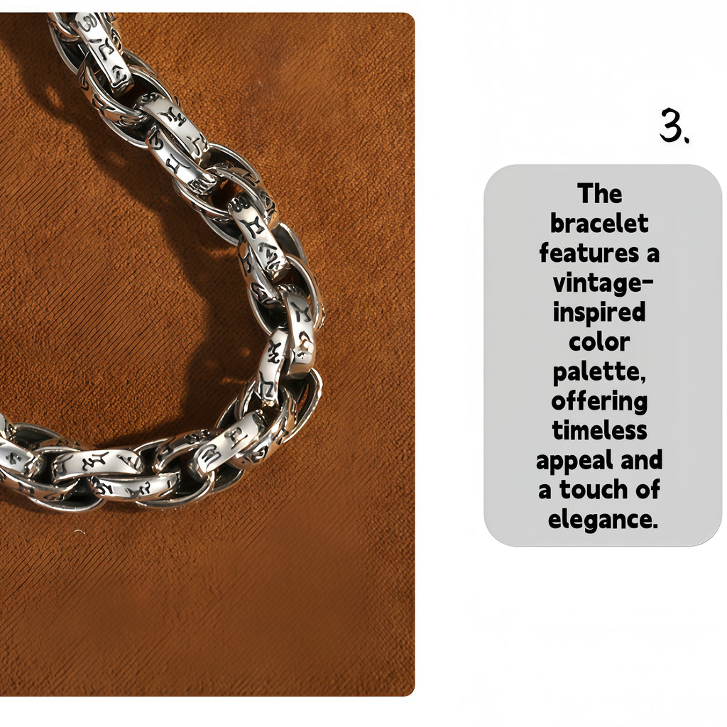 Antique Scroll Engraved Thick Curb Chain Bracelet For Men, Copper Plated Silver 