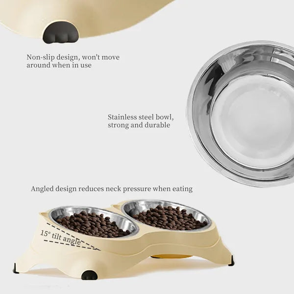 Anti Slip Base Double Cat Food Bowl, Gray Stainless Steel Food And Water Bowl, E