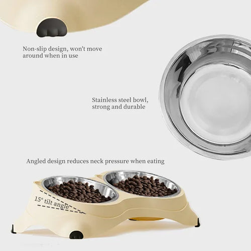 Anti Slip Base Double Cat Food Bowl, Gray Stainless Steel Food And Water Bowl, E