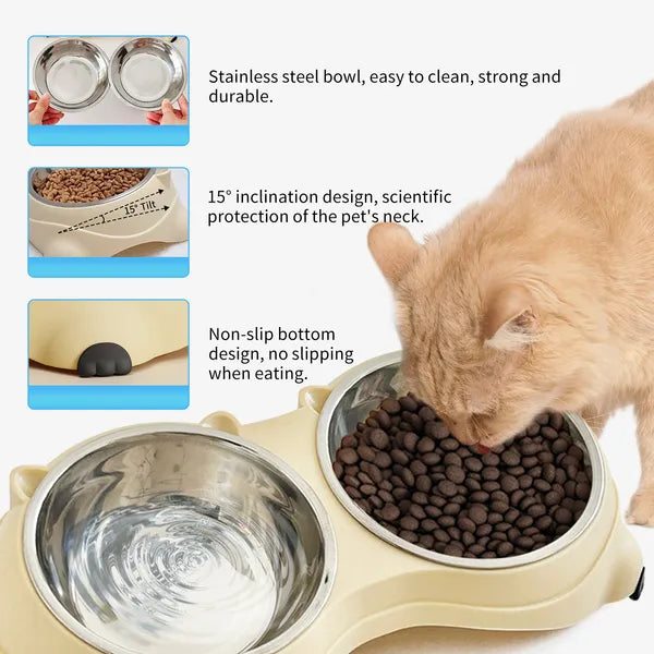 Anti Slip Base Double Cat Food Bowl, Gray Stainless Steel Food And Water Bowl, E