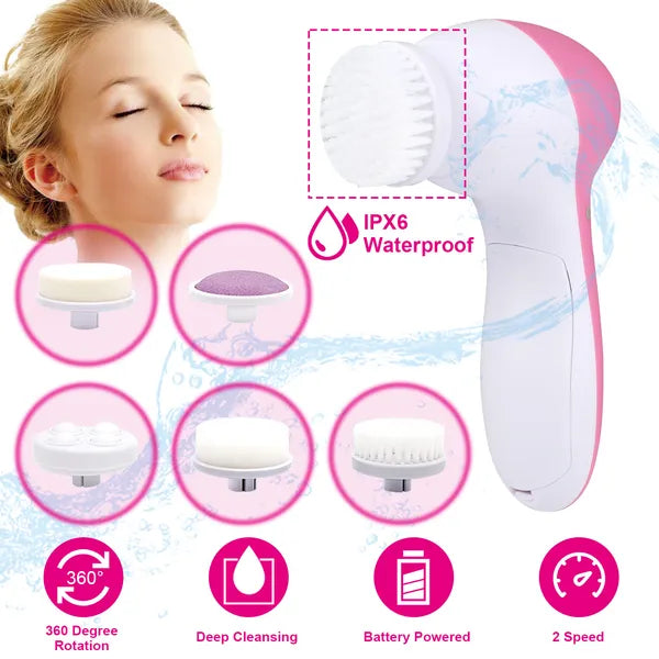 Waterproof Facial Cleansing Brush Face Spin Cleaning Brush Scrubber With 5 Brush