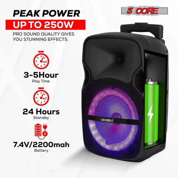 5 Core Party Speaker Bluetooth 250W Big Monster Powered Rechargeable Outdoor PA 