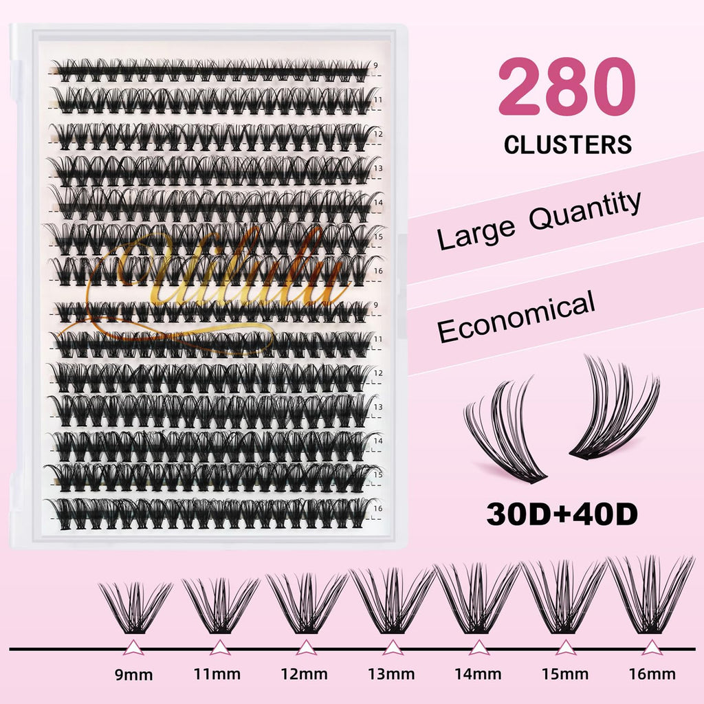 DIY Lash Extension Kit 280pcs Individual Lash Clusters D Curl 30D 40D Thick Volu