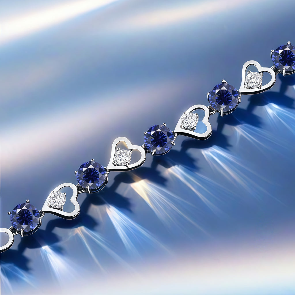 Heart Link Round Blue CZ Tennis Bracelet For Women, Copper Plated Silver With Ad
