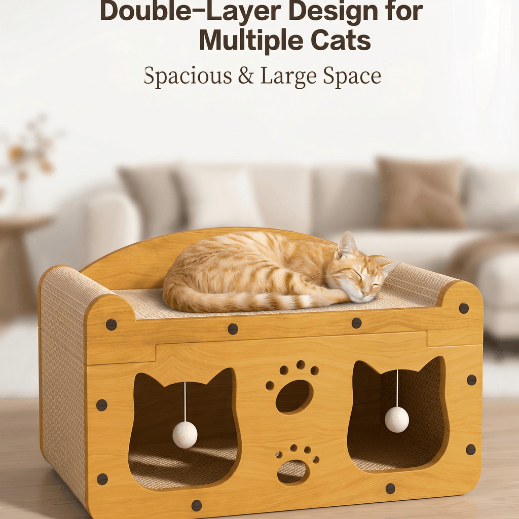 Multi-Style Double-Layer Cat Scratcher House, 2-Tier Large Cat Villa Bed With Co