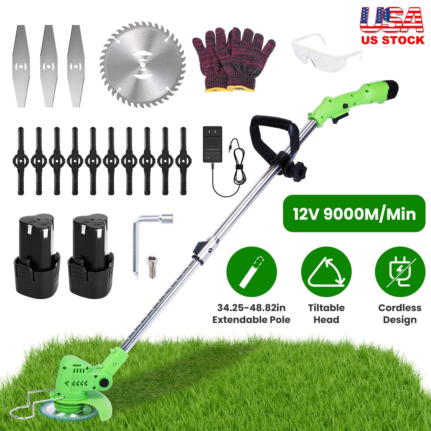 12V 200W Cordless Grass Trimmer Rechargeable Lawn Mower 9000M Per Min Weed Cutte