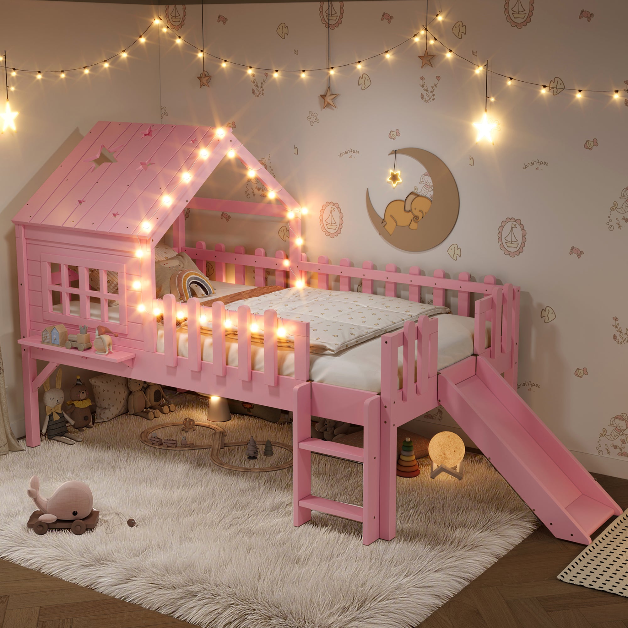 Twin Size House Loft Bed With Slide,Playhouse Bed With Star-shaped Designs And W