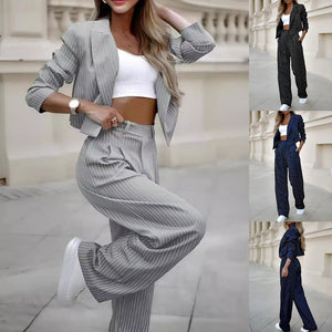 Women's Spring Fashion Striped Suits Casual Lapel Long Sleeve
