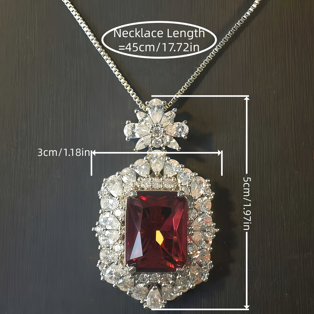 1111White Gold Plated Cushion Cut Red Ruby CZ Pendant Necklace, Double Halo Clea