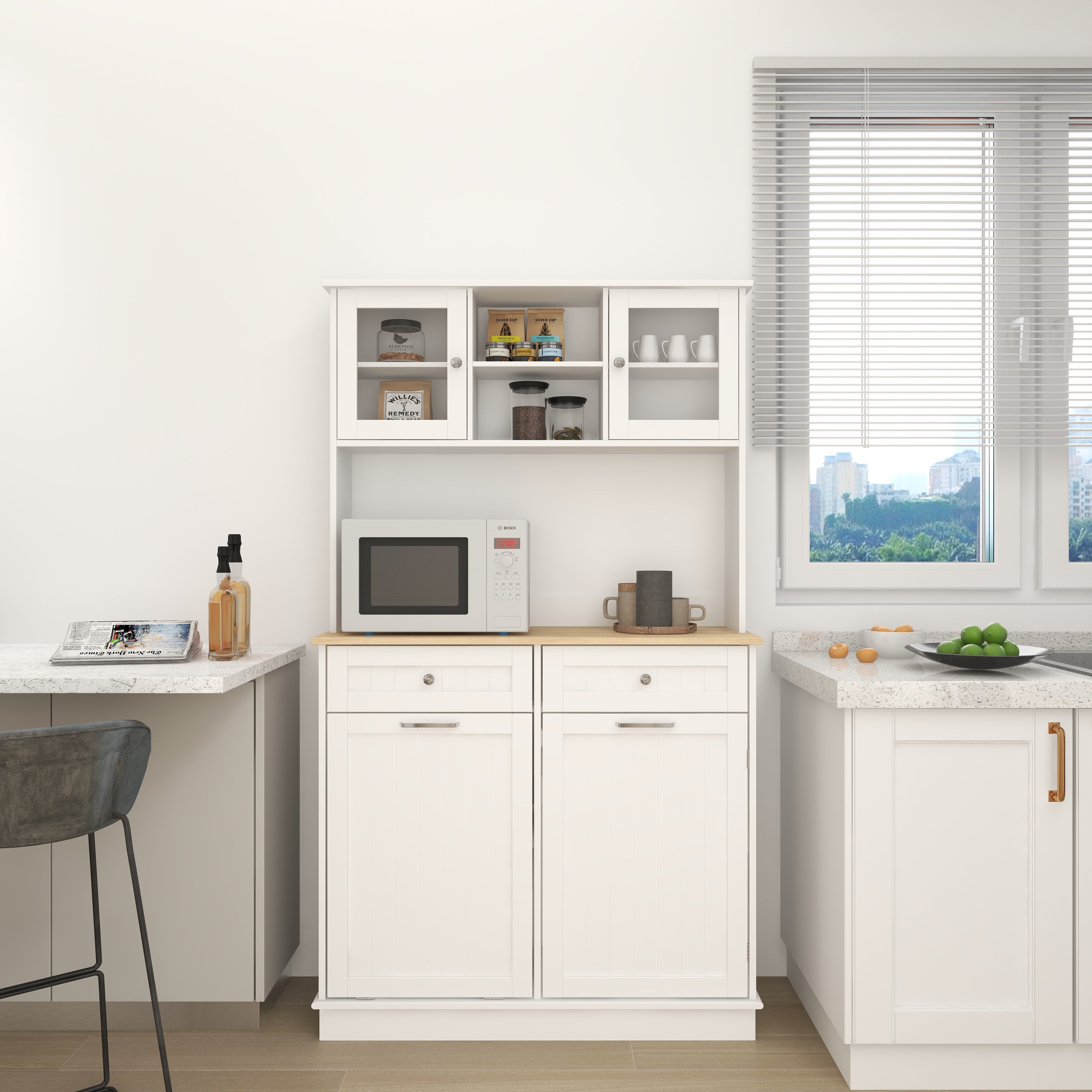 67.7  Tall Kitchen Trash Can Storage Cabinet With 3 Adjustable Shelves, 2 Drawer