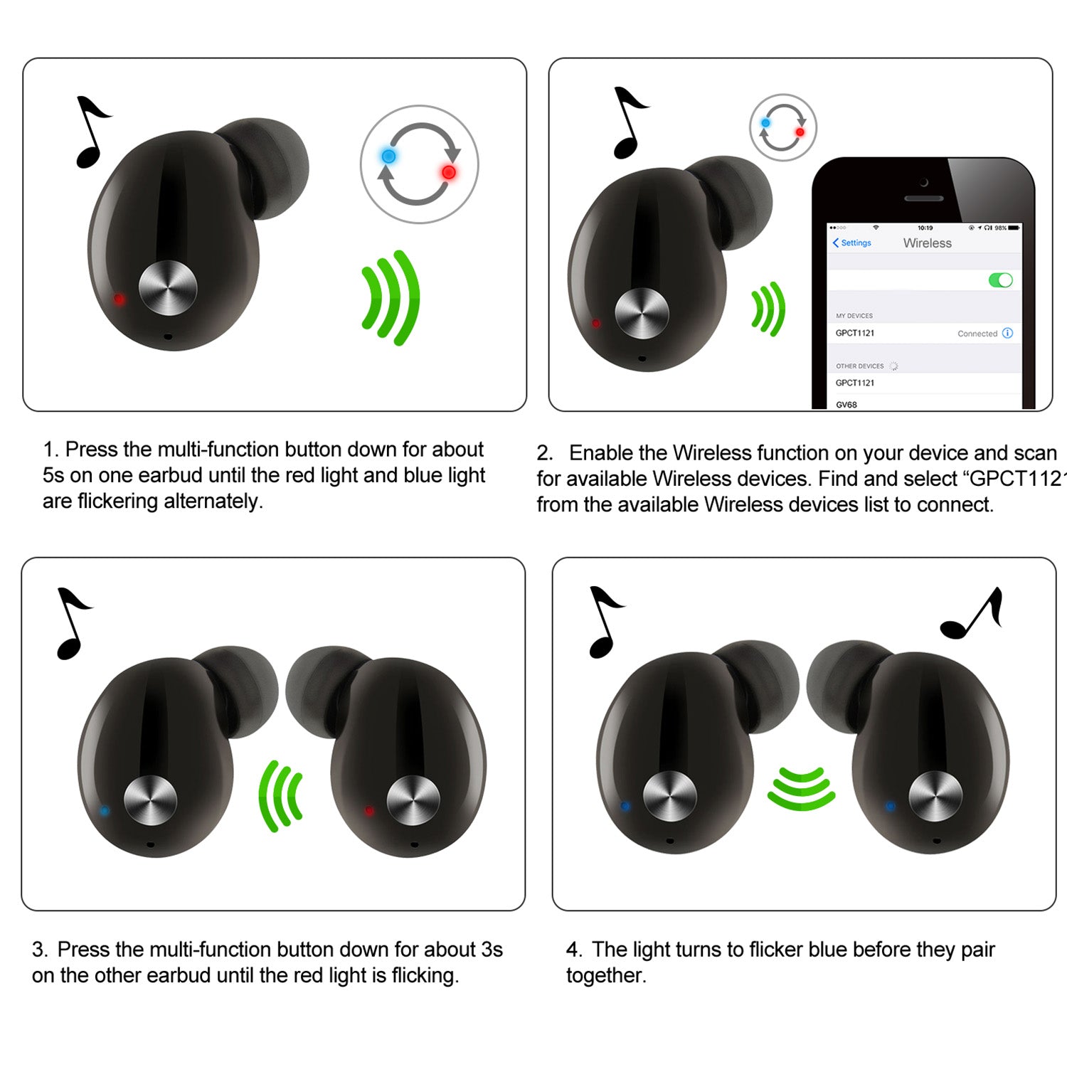 TWS True Wireless V4.2 Earbuds IPX4 In-ear Stereo Earphone Hands-free Deep Bass 
