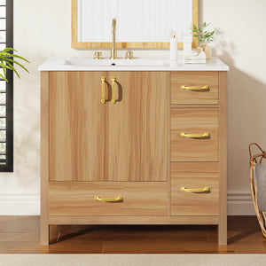 36 Wood Bathroom Vanity With Solid Wood Frame, 2 Soft Close Doors, 4Soft Close Drawers, Adjustable Shelf, Modern Storage Cabinet