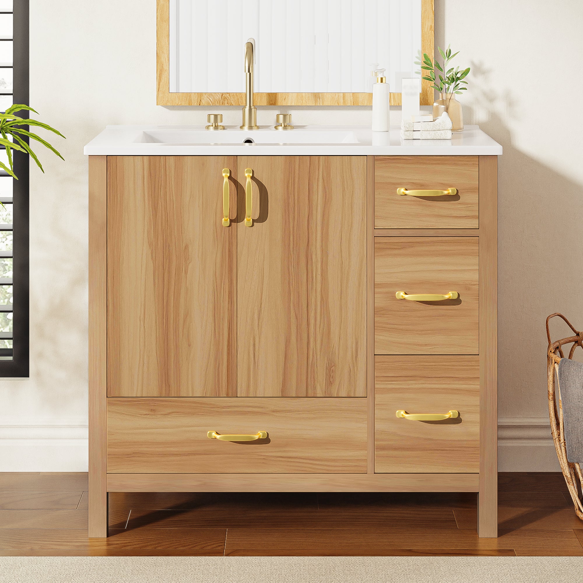 36  Wood Bathroom Vanity With Solid Wood Frame, 2 Soft Close Doors, 4Soft Close 