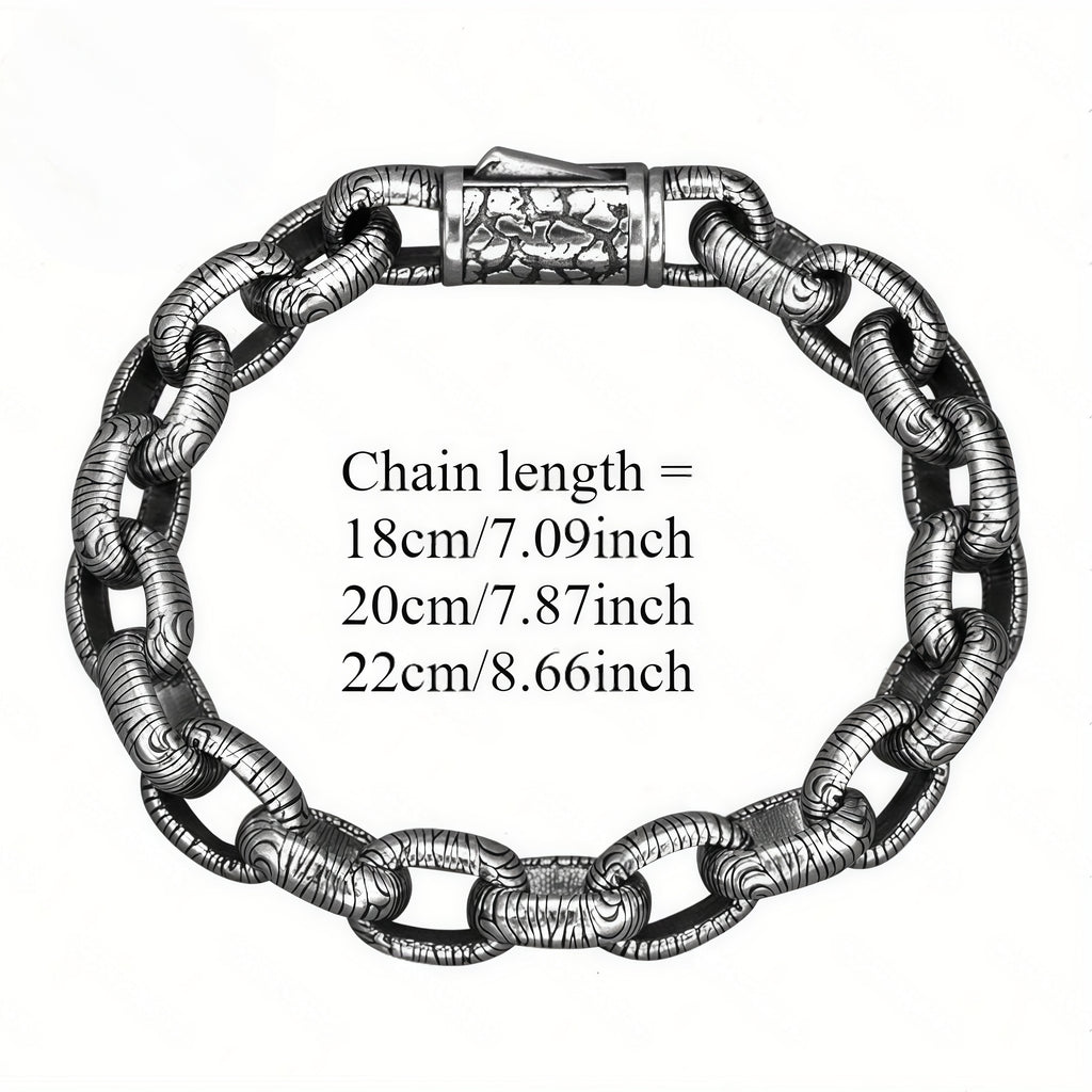 Antique Bark Textured Thick Oval Link Bracelet For Men, Copper Plated Silver Vin