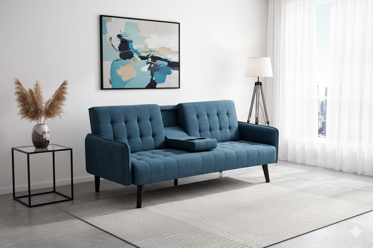 72   Sleeper Sofa Bed - Convertible Folding Backrest To Full Bed With Cup Holder