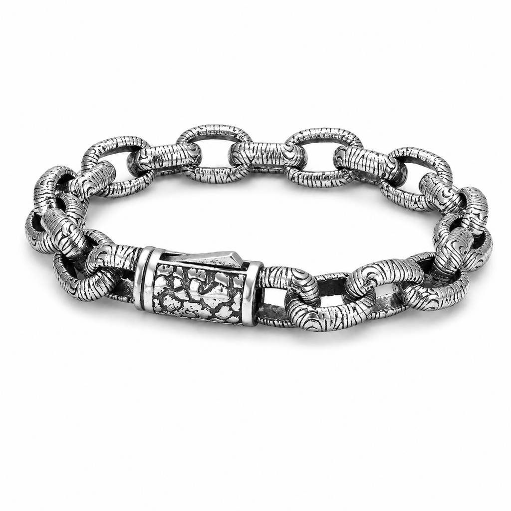 Antique Bark Textured Thick Oval Link Bracelet For Men, Copper Plated Silver Vin