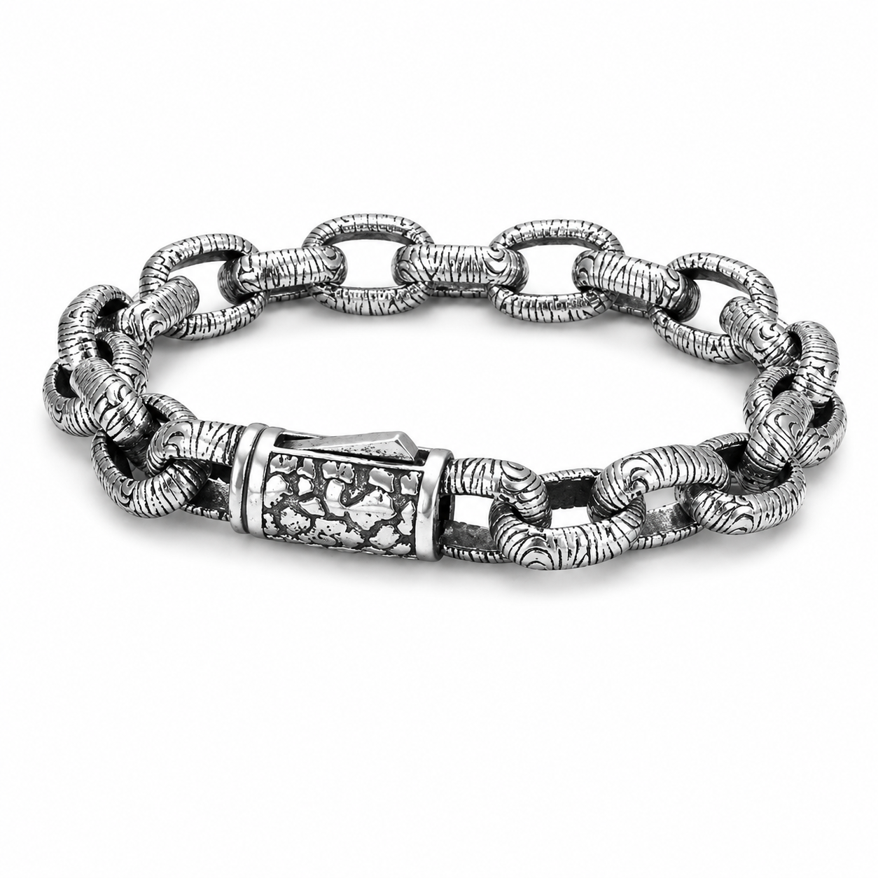 Antique Bark Textured Thick Oval Link Bracelet For Men, Copper Plated Silver Vin
