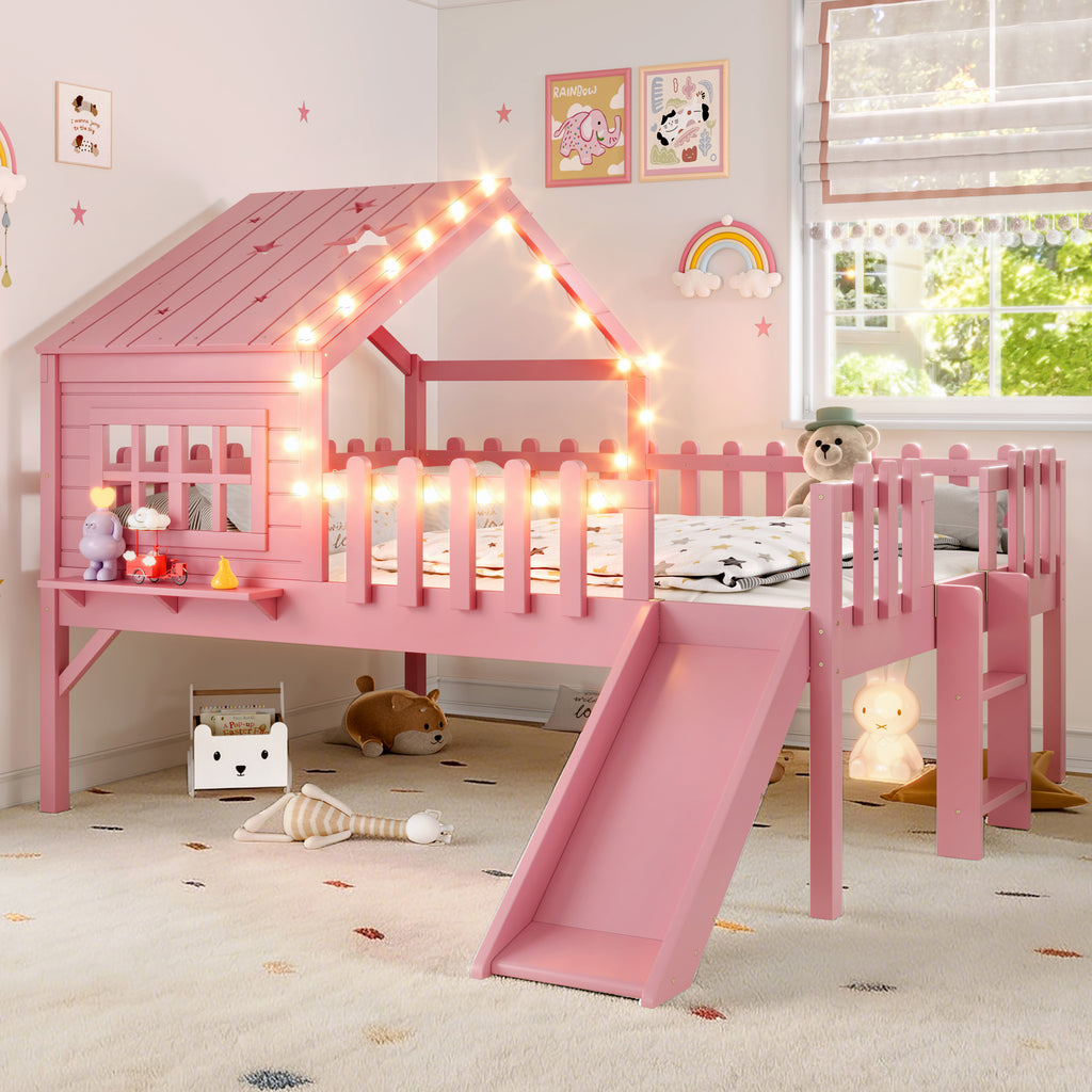 Full  Size House Loft Bed With Slide,Playhouse Bed With Star-shaped Designs And 
