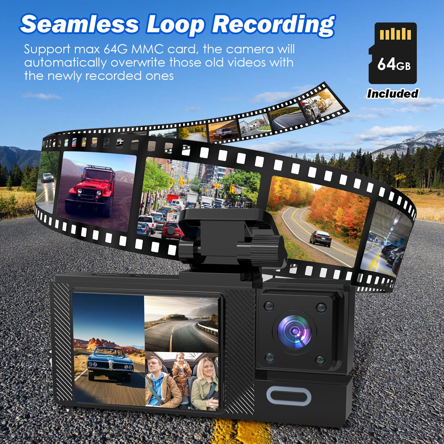 1Pc WiFi FHD 1080P Car Dash Cam 3 Channels Front Rear Inside Dash Camera With Lo