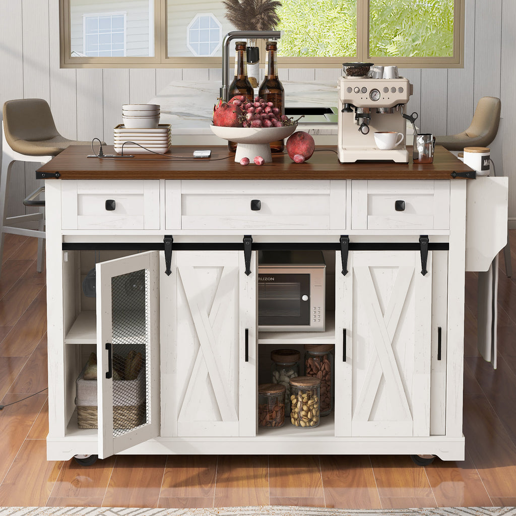 K&K 58 Farmhouse Kitchen Island With Storage,Sliding Barn Door & Metal Grid Side