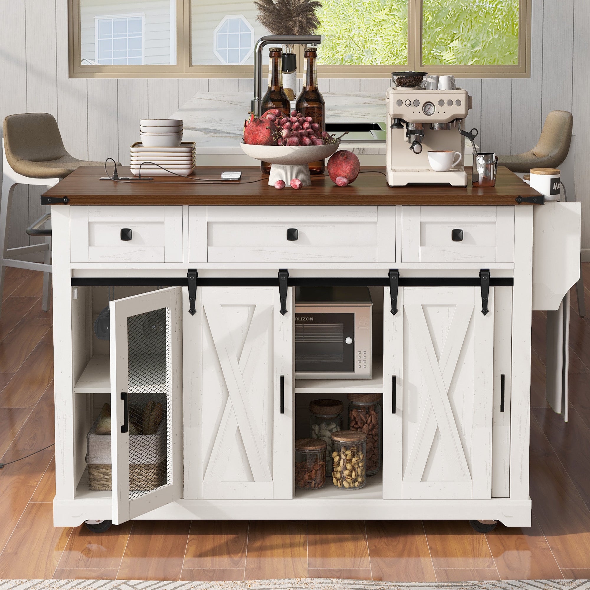 K&K 58 Farmhouse Kitchen Island With Storage,Sliding Barn Door & Metal Grid Side