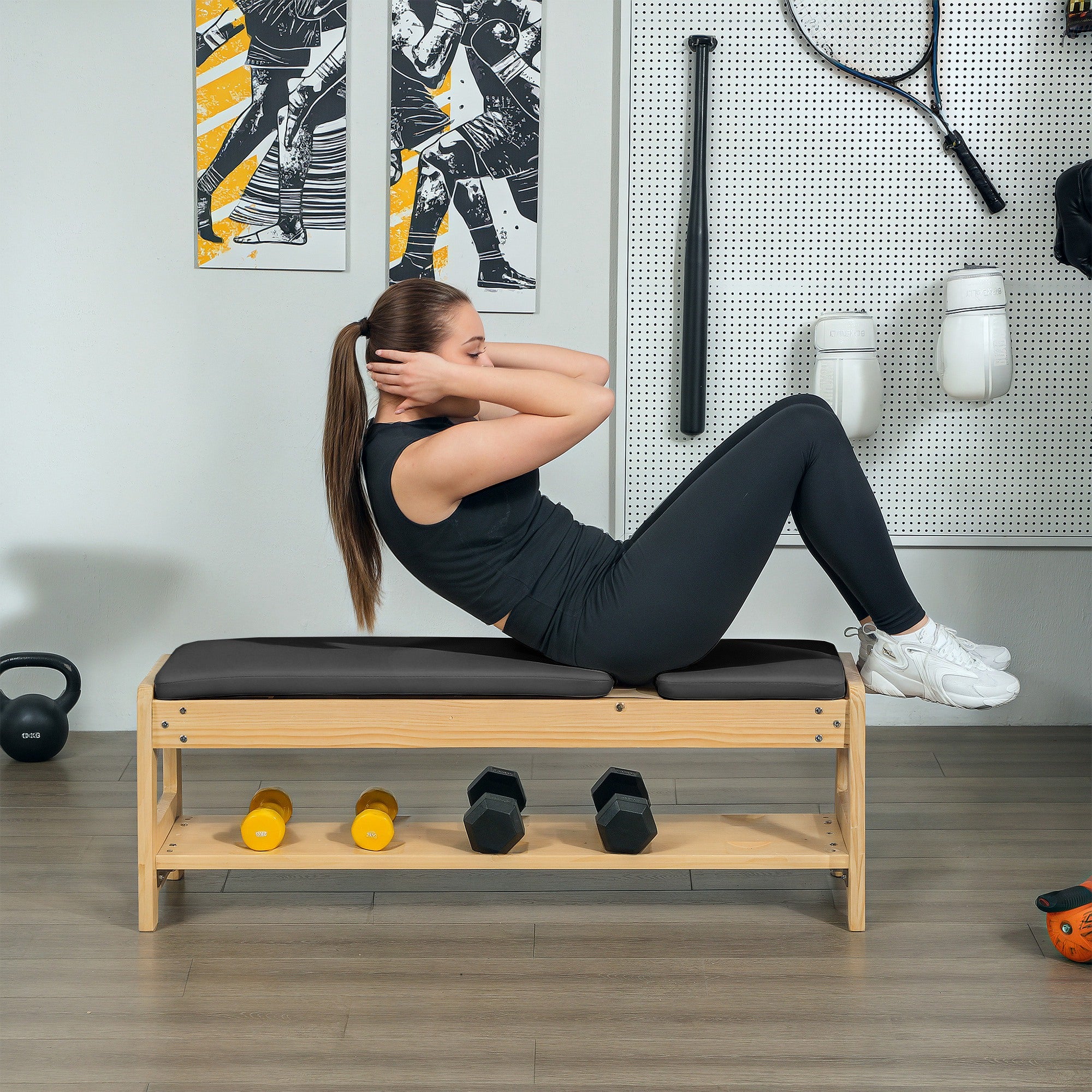 Wooden Adjustable Weight Bench with Dumbbell Rack, Flat or Incline Workout Bench