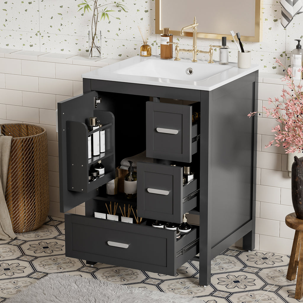 Modern 24-inch Bathroom Vanity With Ceramic Sink, Soft-Close Door, Double-Layer 