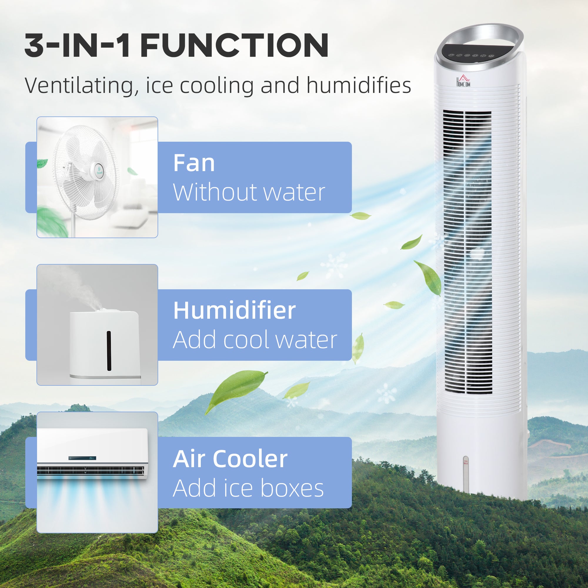 40" Portable Oscillating Air Cooler Fan For Home Office, 3-In-1 Standing Ice Flo